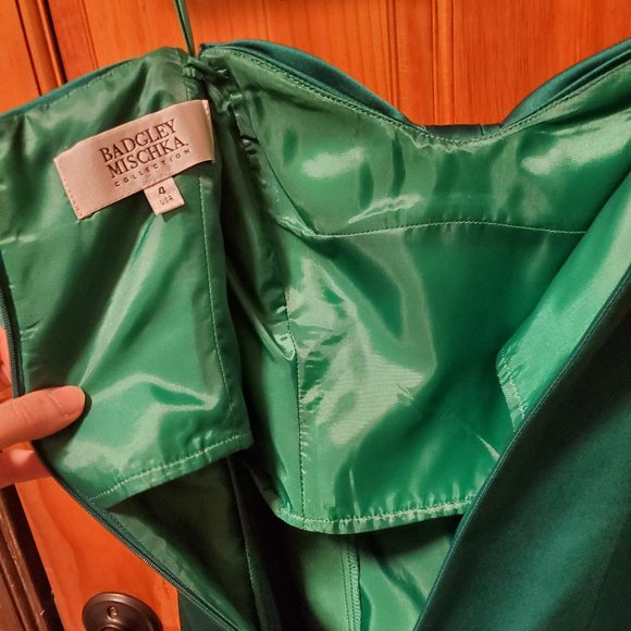 Badgley Mischka Satin Strapless Mermaid Gown with Bow Detail, Green - 4 - Picture 4 of 4